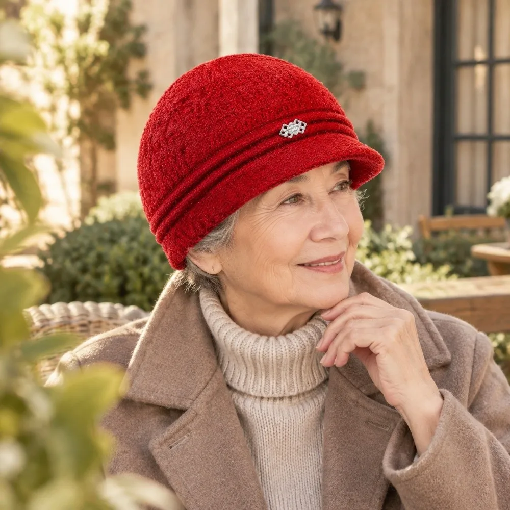 Classic Thickened Knit Mom Grandma Knitted Hat Soft Stretch Warm Yarn Hat Wind Resistant Fleece Lined Hat Elder Women