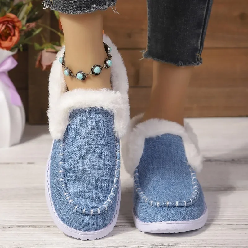 Winter Women Slip on Fuzzy Collar Ankle Boots Soft Felt Warm Fleece Lined Flat Shoes Non Slip Light Casual Daily Snow Booties
