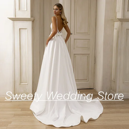 Imagen 2 del producto Vestidos De novia sexys para novia, vestido De novia De satén personalizado con tirantes finos, cuello en V, tren De barrido, bata De boda sin espalda