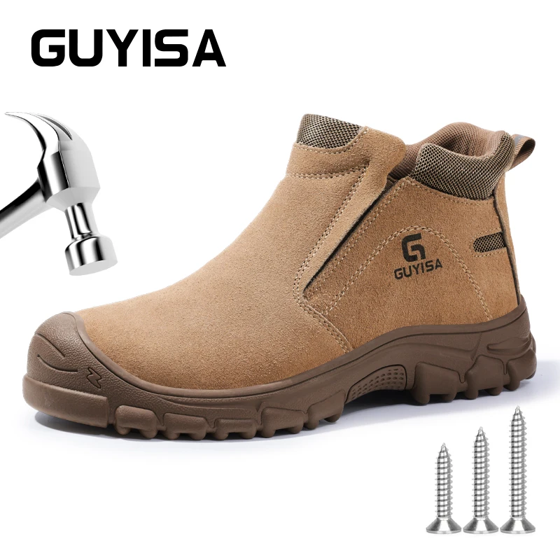 GUYISA Men\'s Safety Shoes For Work Welder Shoes Khaki Anti Scalding Anti Smash Puncture Protection Size 37-45