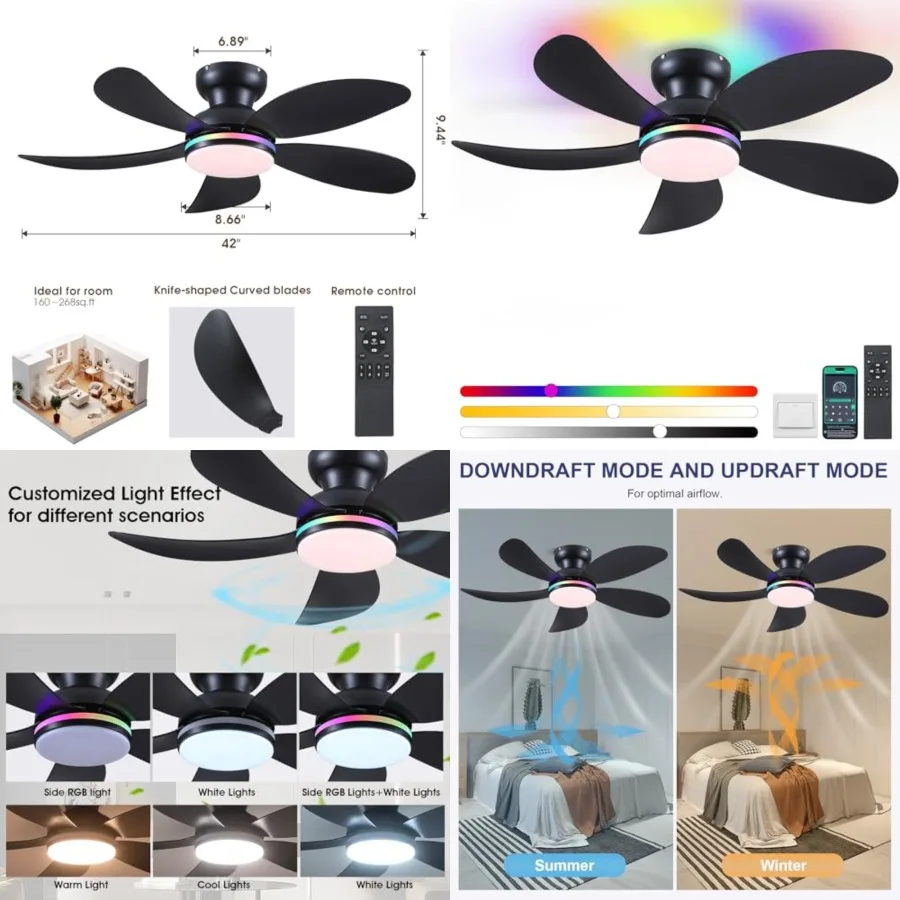 

42" Ceiling Fans with Lights and Remote/APP, Low Profile Ceilg Fans with Quiet Reversible DC Motor, Small Modern Flush Mount Ce