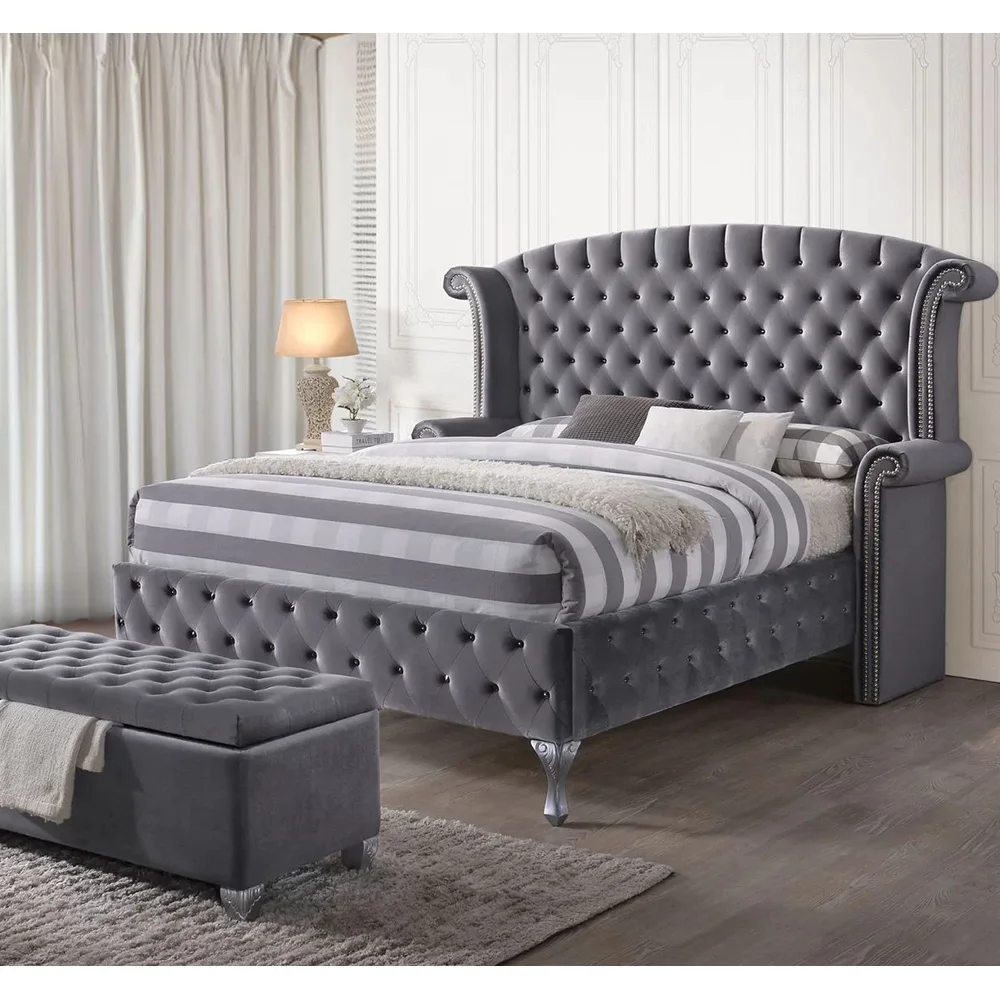 

Velvet Luxury Furniture King Size Bed Frame Contemporary Upholstered King Size Bed with Night Tablespromote sales