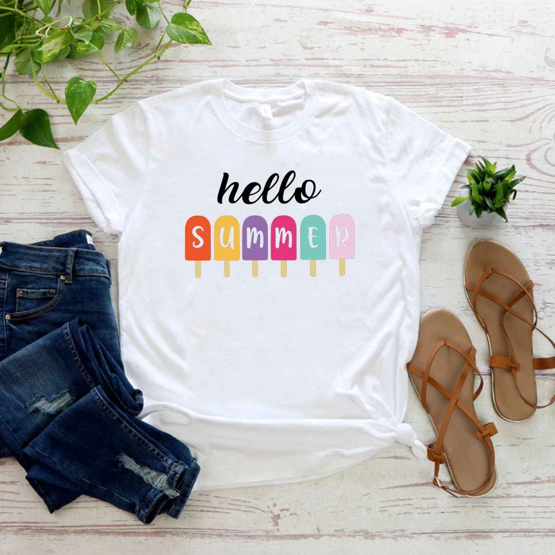 Hello Summer T Shirt Popsicle Written Summer Welcome Tshirt Unisex Graphic Tees Holiday T-Shirt Tops Family Vacation Apparel