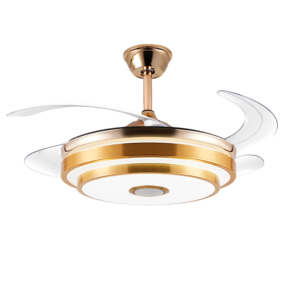 #￥forLed Indoor Chandelier Gold Invisible Retractable Bluetooth Music Ceiling Fan With Light Modern Ceiling Fan Lamp