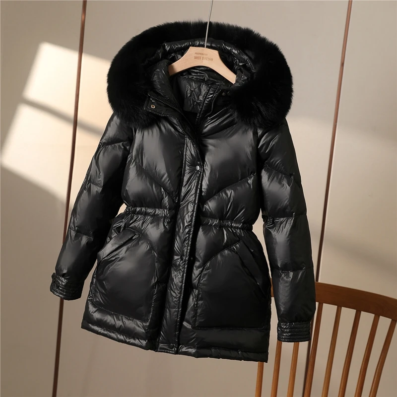 

Fashion Real Fur Collar Down Jacket Women Mid-length Thick Slim Hooded Parkas 2022 Winter Warm Outerwear Casual Puffer Coats