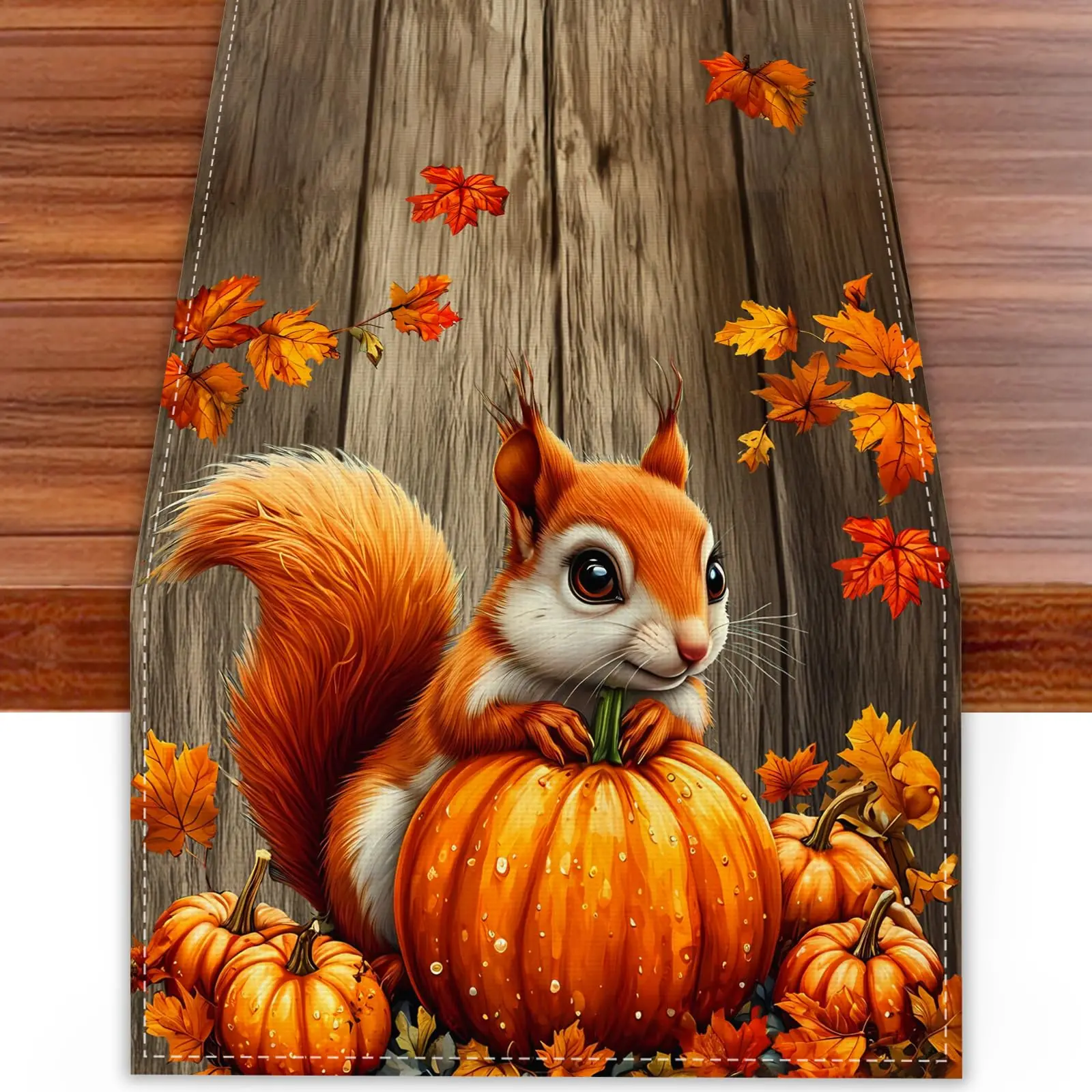 VIKAMA Tischläufer, Kürbis, Eichhörnchen, Herbst-Tischdecke, saisonale Küchentischdekoration, Heim-Party-Dekoration