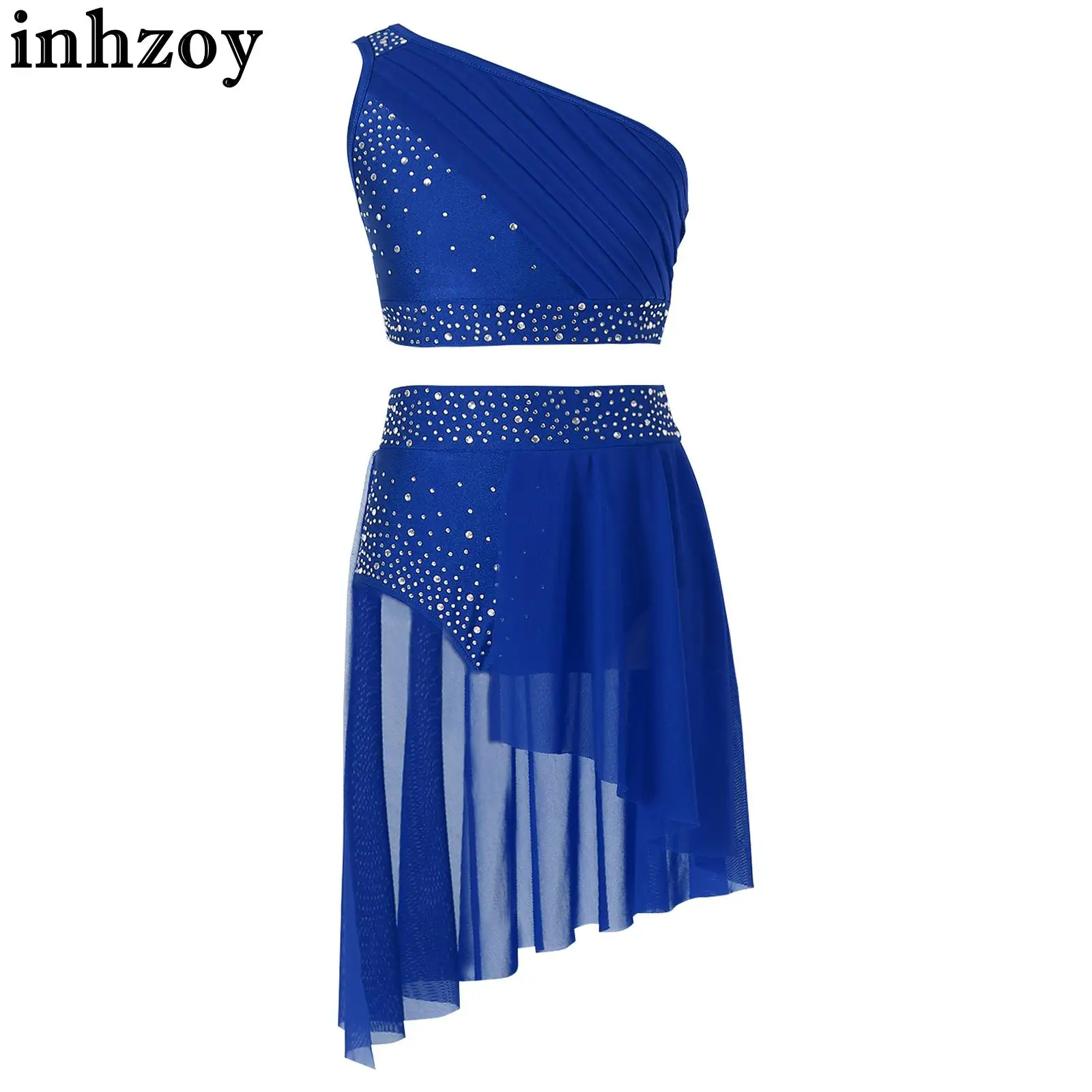 

Kids Girls Lyrical Dance Performance Costumes Sets Shiny Rhinestones Crop Top with Skirted Leotard 2-Piece Ballet Dance Outfits