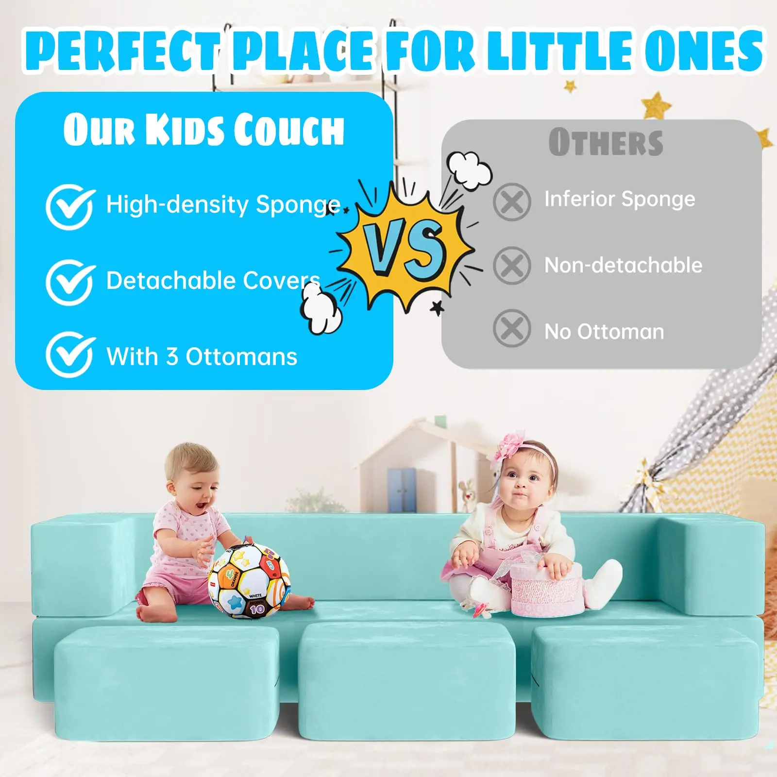 Modular Kids Play Couch 5 in 1 Kids Couch with 3 Ottomans for Playroom Bedroom Extra Large Modular Kids Couch Kids Play Couch