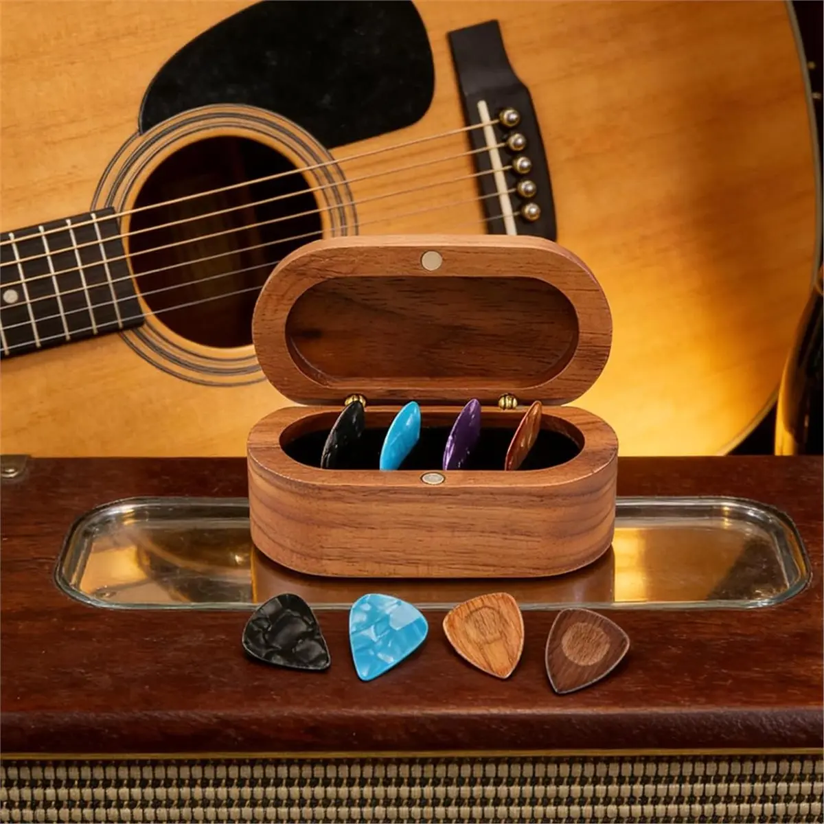 (AD10) Walnut Guitar Pick Case, Wooden Guitar Pick Case, Wooden Jewelry Organizers,Mini Jewelry Box, Guitars Gift