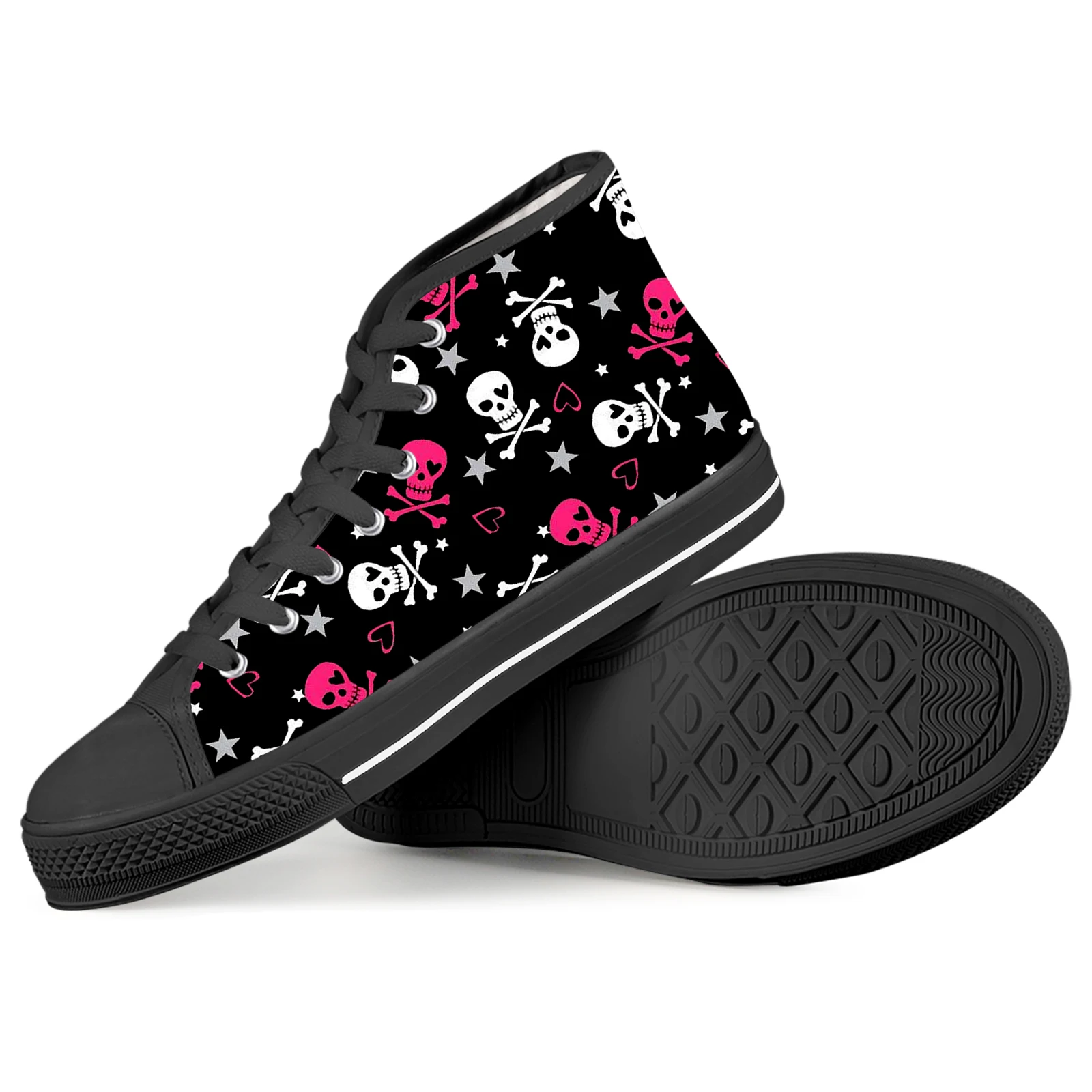 ELVISWORDS Gothic Skull Women's Shoes Comfortable Lace-up High-top Shoes Love Skull Print Casual Shoes Black Walking Shoes Mujer