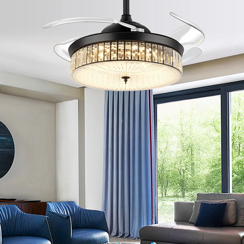 

42-дюймовые хрустальные потолочные вентиляторы с подсветкой и динамиком Bluetooth, роскошная хрустальная потолочная лампа в форме люстры, выдвижной вентилятор для люстры