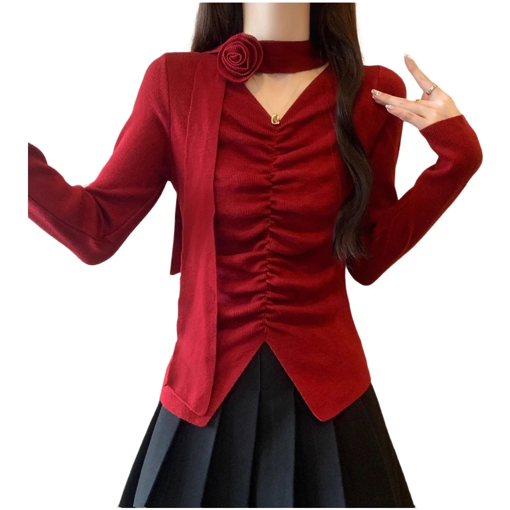 長袖レディーススリムフィットVネックトップ、ローズリボンディテール付き、ベーシックな暖かいベースTシャツ、秋と春に最適