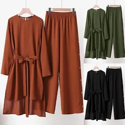 Women's Casual Solid Retro Shirt High Waist Loose Long Pant Muslim Suit Cocktail Dress Piece Fit