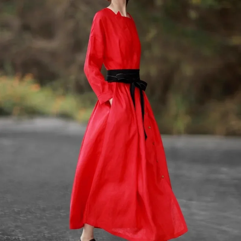 

French Style Red Slim Ethnic Style Dress Women Spring Autumn Vintage A-Line Long Dresses Casual Lace Up High Waist Vestidos