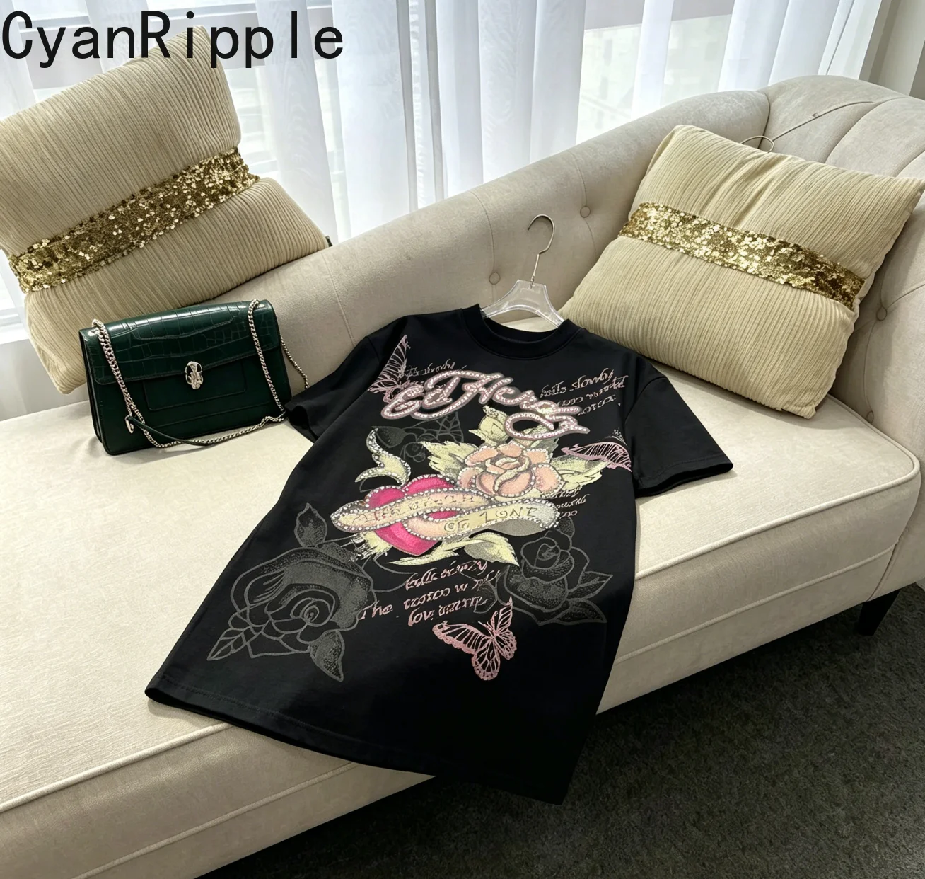 

Luxury Love Rose Hot Diamonds Mid-long T-shirt Shiny Round Neck Pullover Top Trendy New Spring Summer Loose Short Sleeve Dress