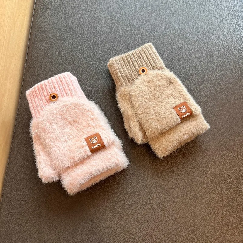 Korean Style Knitted Plush Half Finger Flip Gloves for Women Autumn Winter Warm Soft Solid Color Students Typing Writing