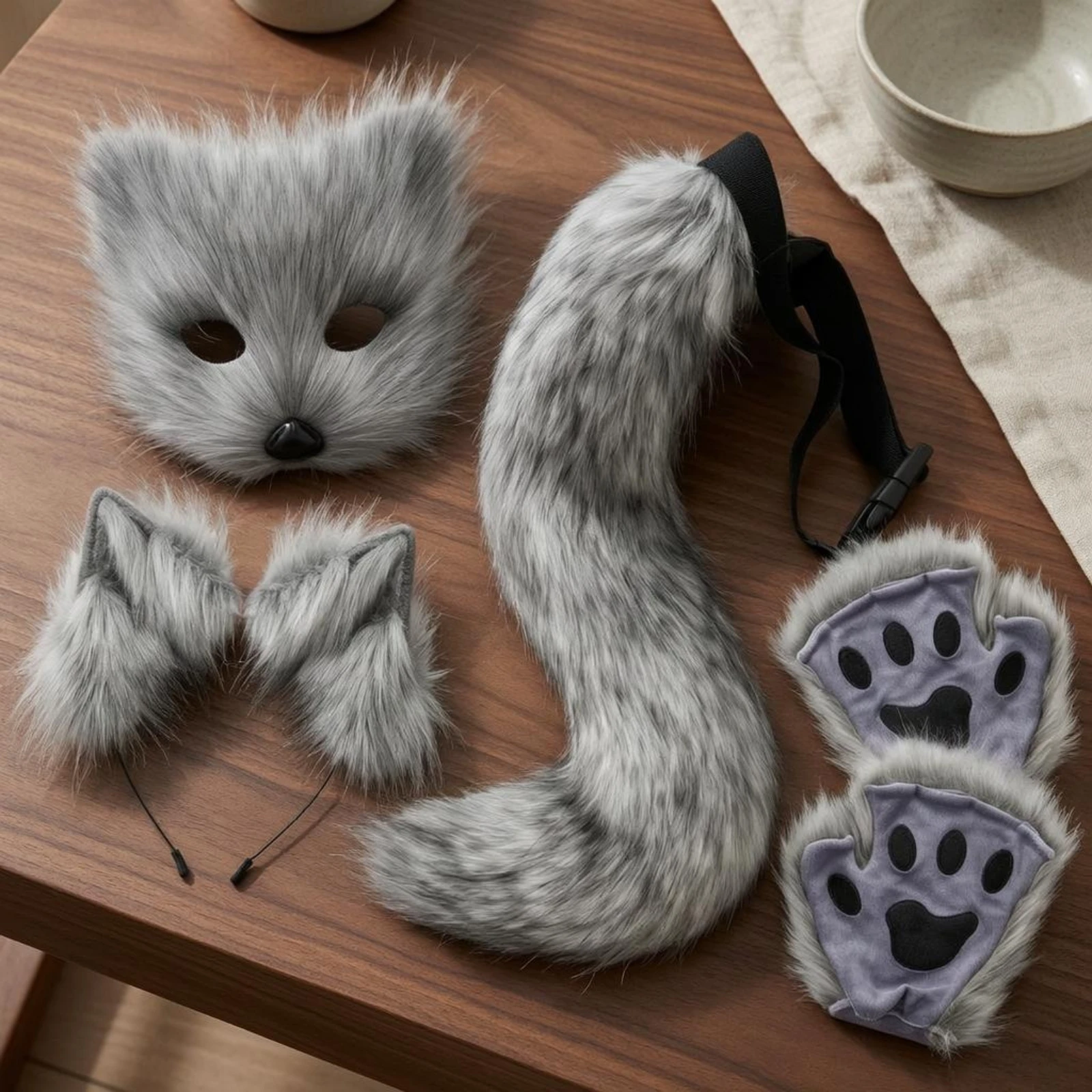 Set de Disfraz de Lobo Salvaje para Halloween: Diadema, Cola, Máscara y Guantes de Patas de Lobo Salvaje para Cosplay