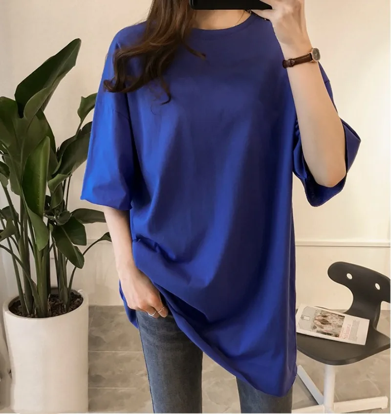 Solid Color T-shirt Women Short Sleeved Loose Medium Length Half Sleeved Upper Garment for Summer