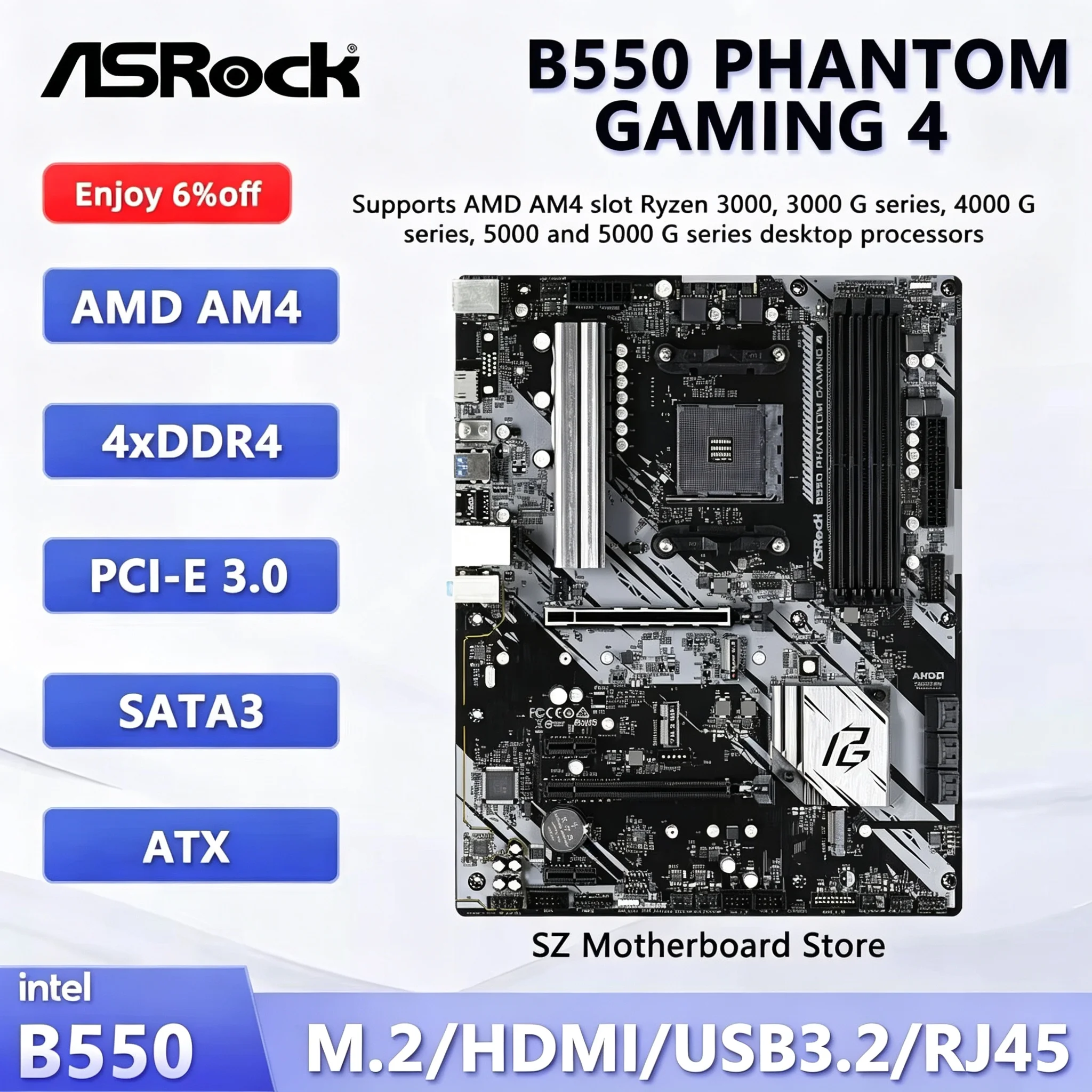 Placa-mãe ASROCK B550 PHANTOM GAMING 4 ATX DDR4 PCIe 4.0 (Usada)