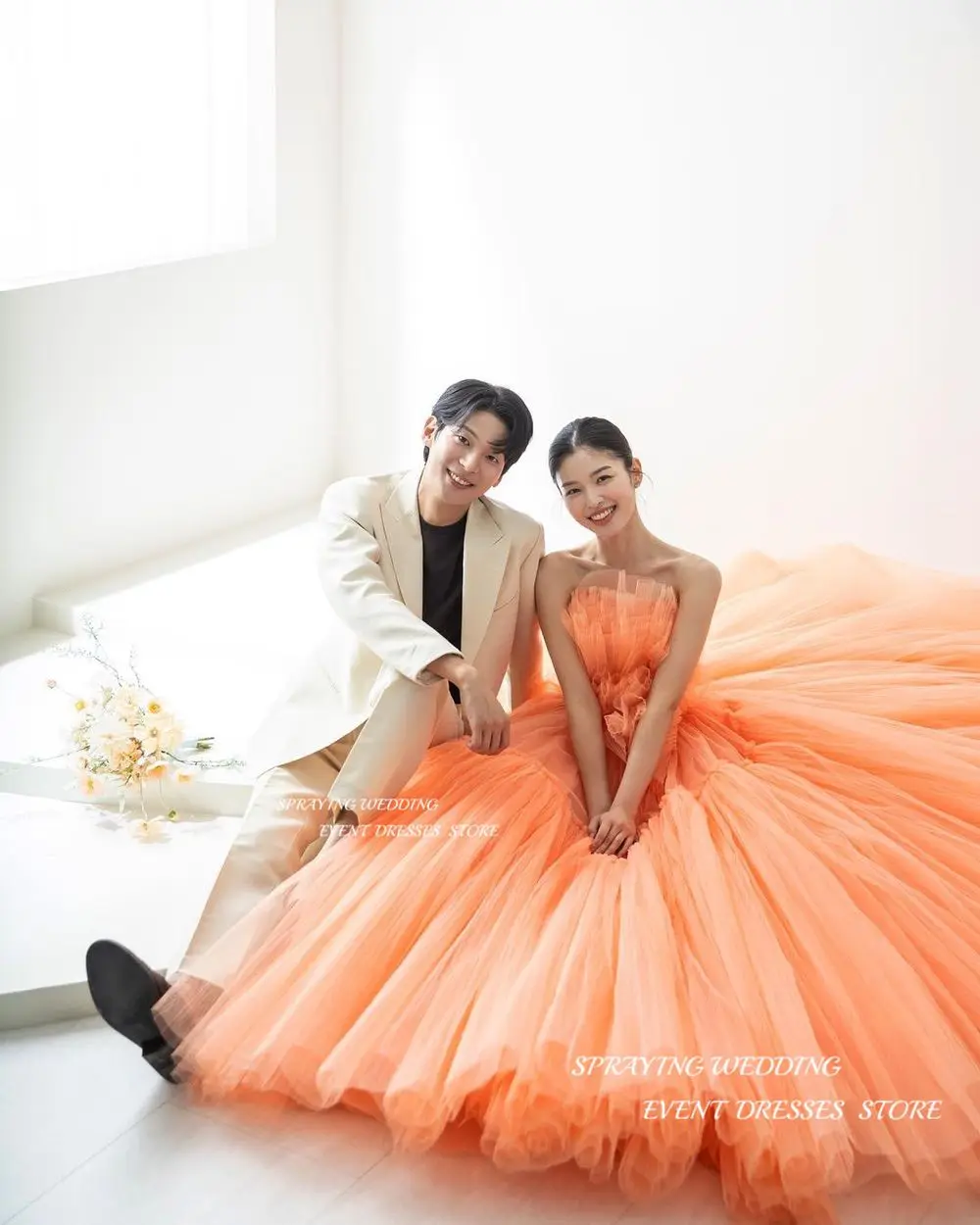 SPRAYING Orange Tiered Ruffles Wedding Dress Korea Photoshoot Tulle Scalloped Evening dress Sleeveless evening 웨딩드레스 Customized