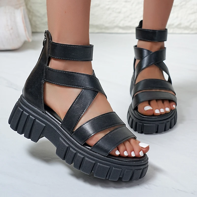 

2026 Summer Platform Rome Sandals Women Plus Size 43 Back Zipper Thick Sole Sandalias Mujer Comfort Non Slip Beach Sandles Woman