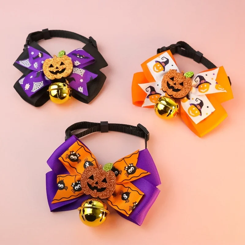 Halloween Pets Bow Tie Dog Cat Collars Adjustable Breakaway Kitten Collars Safety with Pendant Bell Pumpkin Ghost Bats Collar