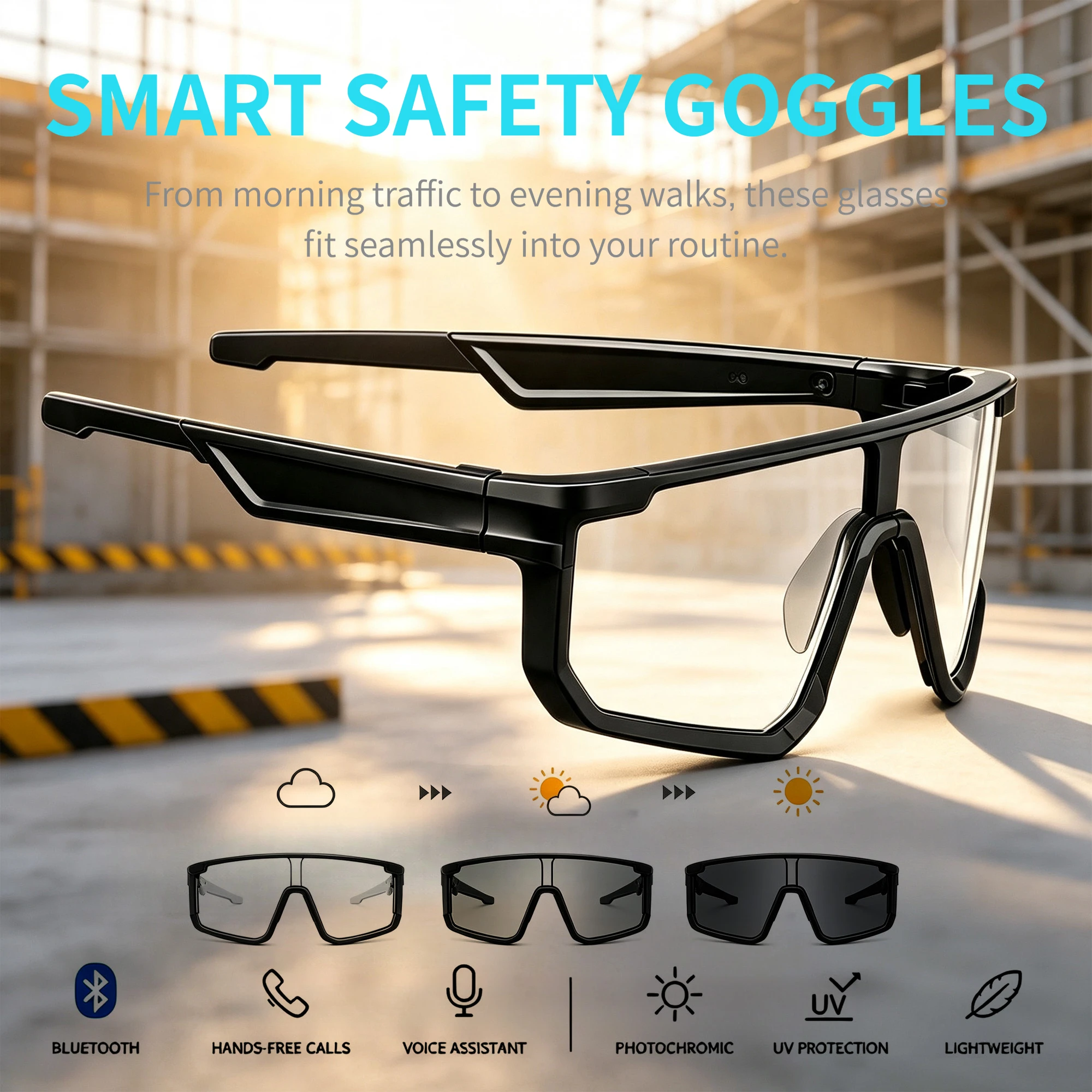 AI Translation Smart Safety Work Goggles, Photochromic Lenses Safety Glasses with Built‑in Mic & Speaker, Support 160‑Language Real‑Time Translation for Indoor Work and Outdoor Sports