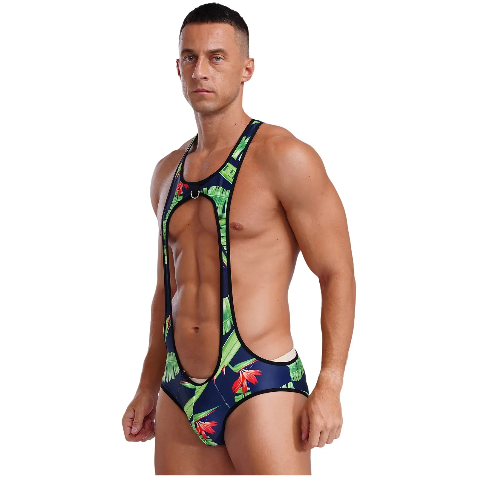 Mens Cutout U Neck Sleeveless Bodysuit Solid Color/Rainbow Stripe/Leaf Printed Open Butt Leotard Bodybuilding Wrestling Single