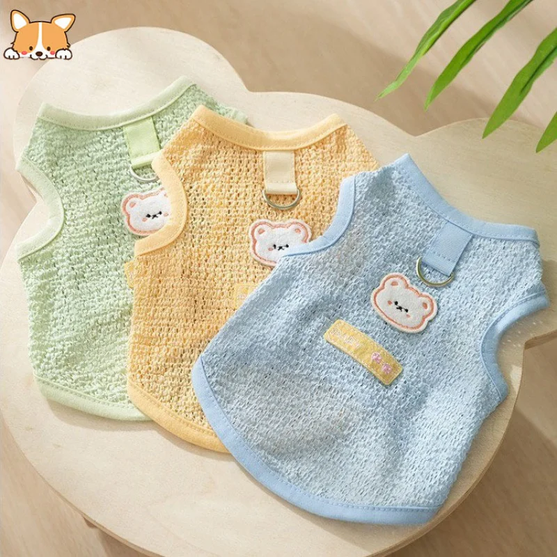 

Blue Hollow-out Breathable Bear Patch Traction Vest Small Bichon Two Feet Summer Pet Dog Clothes