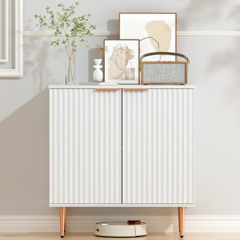 

White Storage Cabinet,Wood Sideboard Buffet Cabinet with Fluted Textured & Rose Gold Colored Metal Legs, Accent Cabinet