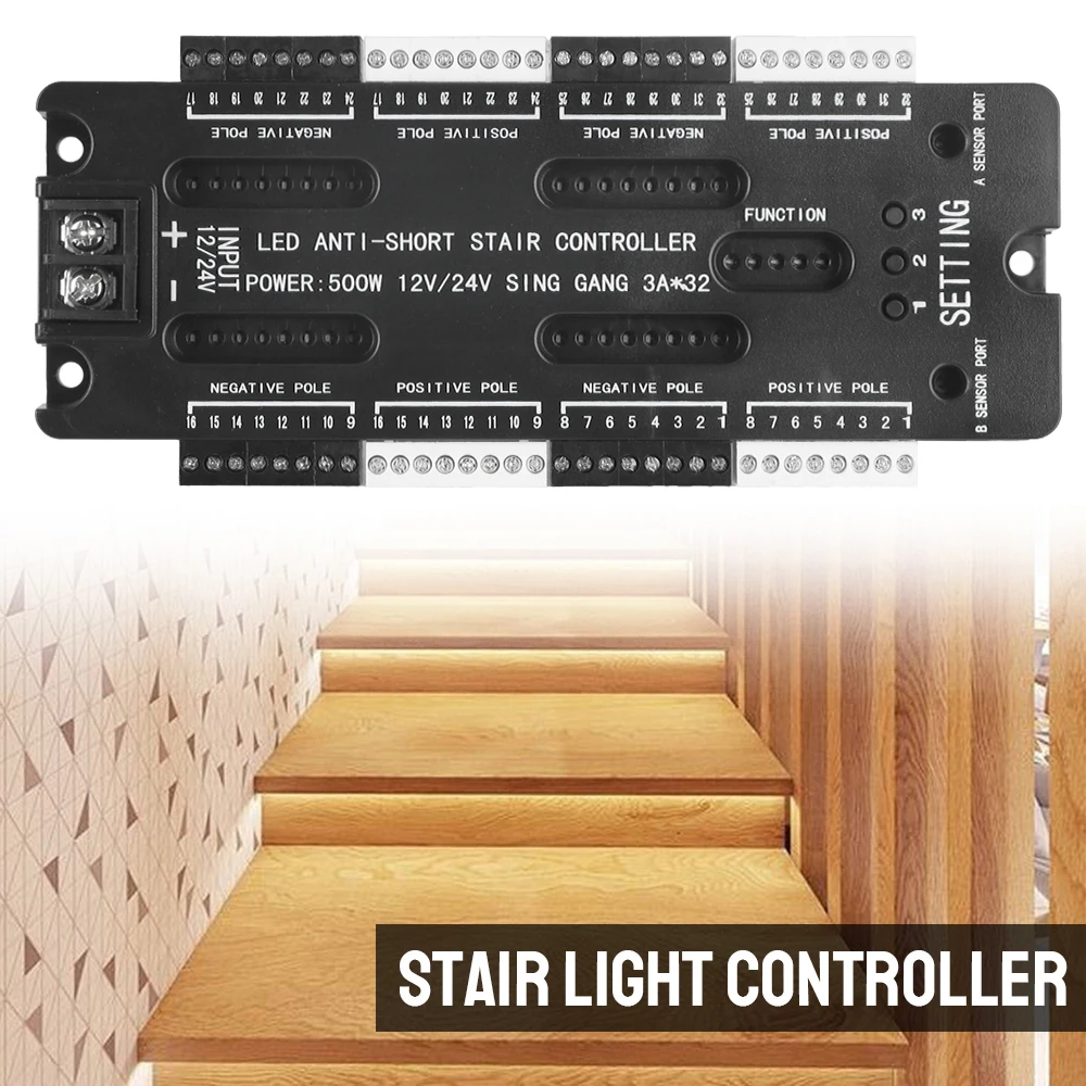 LED Motion Sensor Adjustable Brightness Automatic 32 Channels Stair Light Controller Kit DC 12V 24V For Stairs Flexible Strip