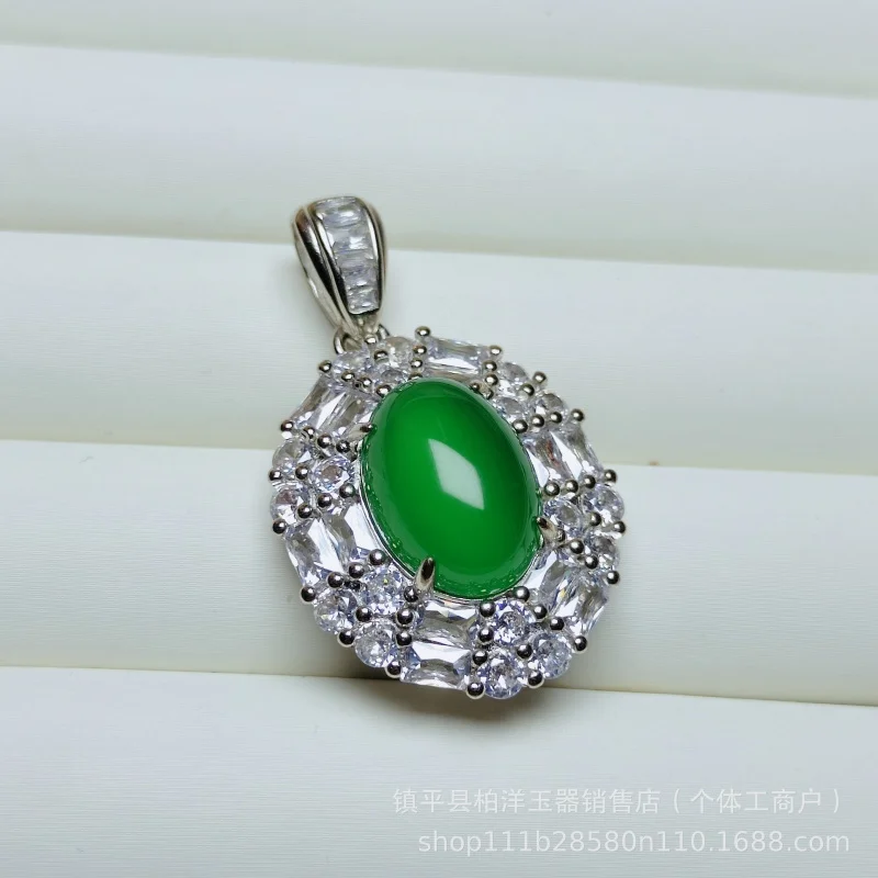 High Quality Jadeite Jade Silver-Plated Zircon Full Inlaid Emerald Green Chalcedony Pendant-Shaped Surface A view 6