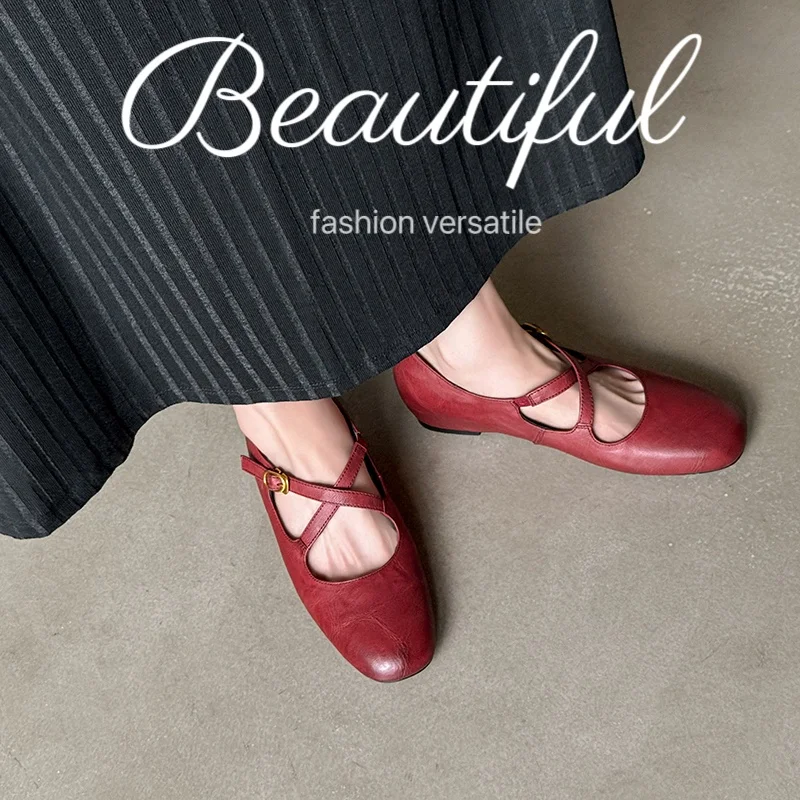 2026 new spring autumn women pumps natural leather 22-25cm washed cowhide+pigskin+sheepskin cross-buckle mary janes women shoes