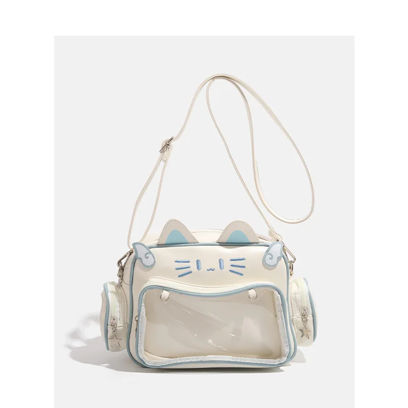 Mochilas escolares para mujer Y2K con estampado de gato de dibujos animados, mochilas japonesas Kawaii dulces, bolsos cruzados de un solo hombro ajustables de alta capacidad