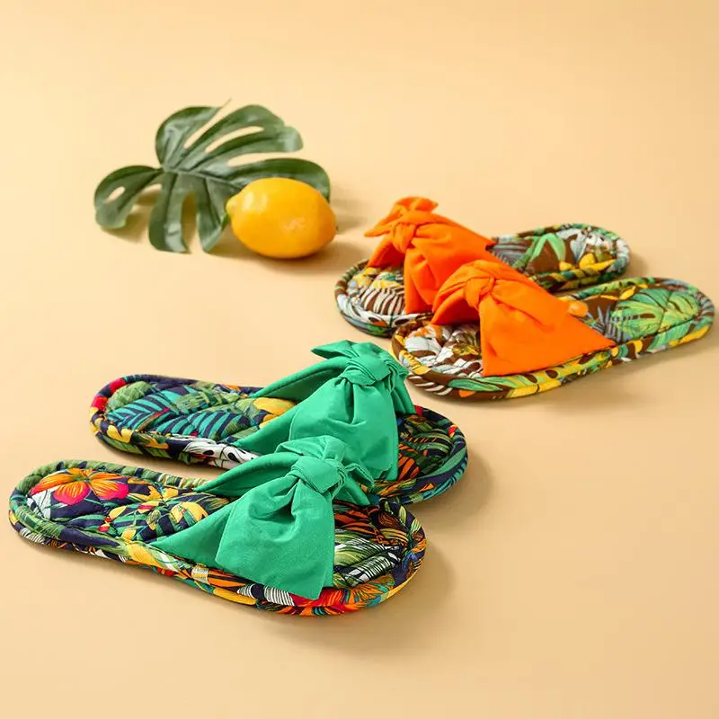 

1 Pair Women New Summer Hawaiian Style Slipper Home Indoor Fashion All-Match Bow Knot Decorative Anti Slip Soft Slipper