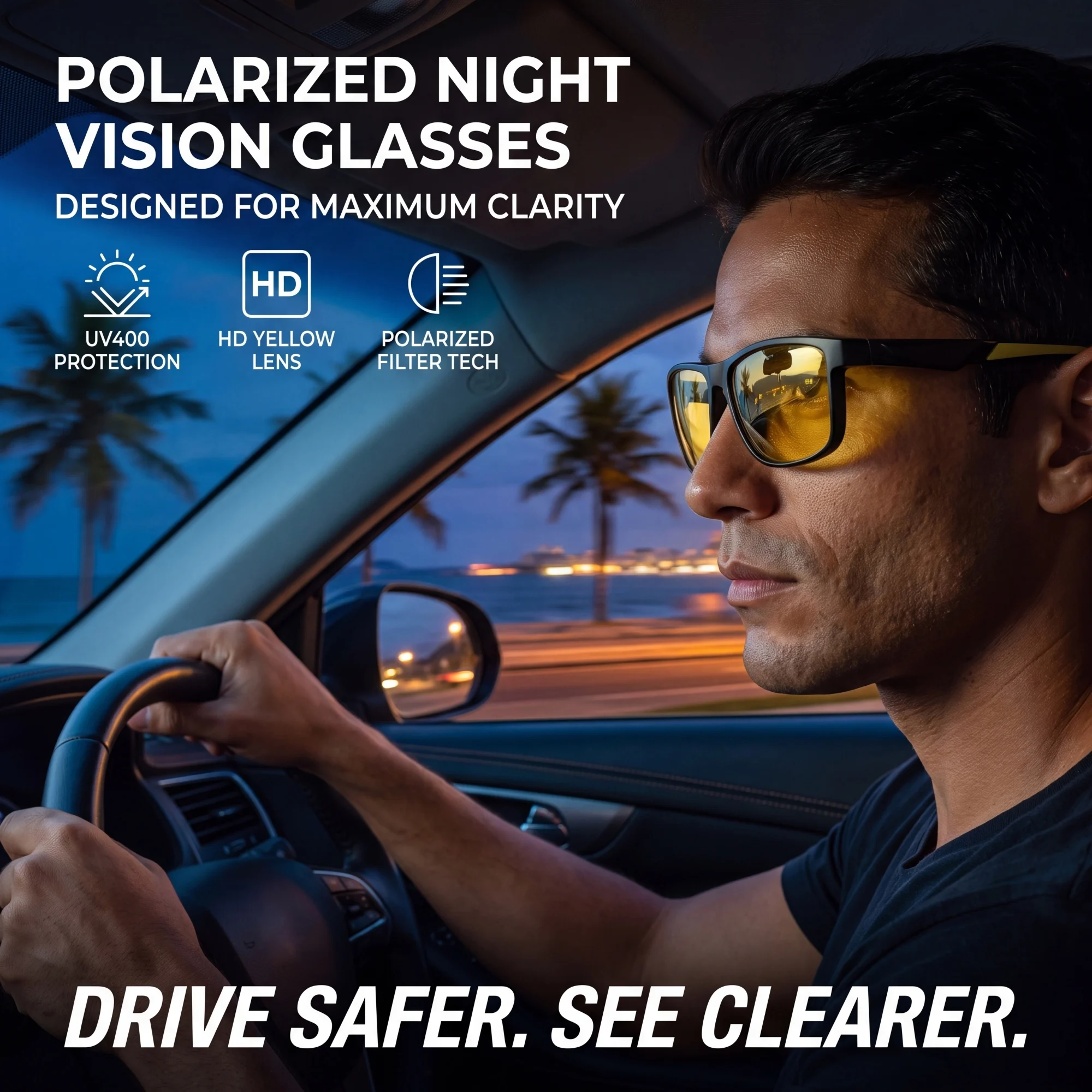 Polarisierte Nachtfahrbrille mit quadratischem Rahmen, rutschfeste Silikonbügel, Anti-High-Beam-Blendschutz, für Nacht, Regen, Nebel, UV400, zum Fahren und Radfahren – Detail 5