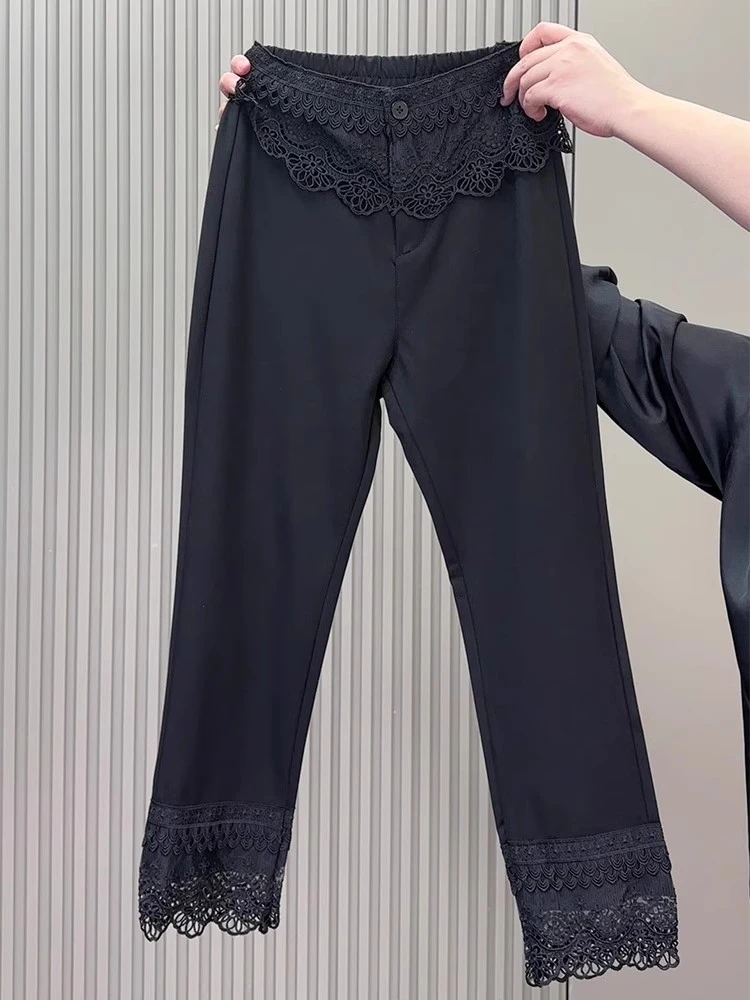 

Women New Suit Pants High Quality Lace Stitching Straight Pants Fashionable Elegant High Waist Cropped Casual Trousers Female