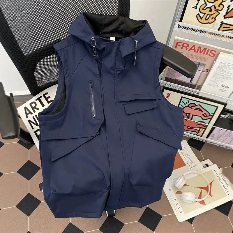 Sleeveless Vest Men's Summer Pocket Workwear Vest Loose Hooded Jacket