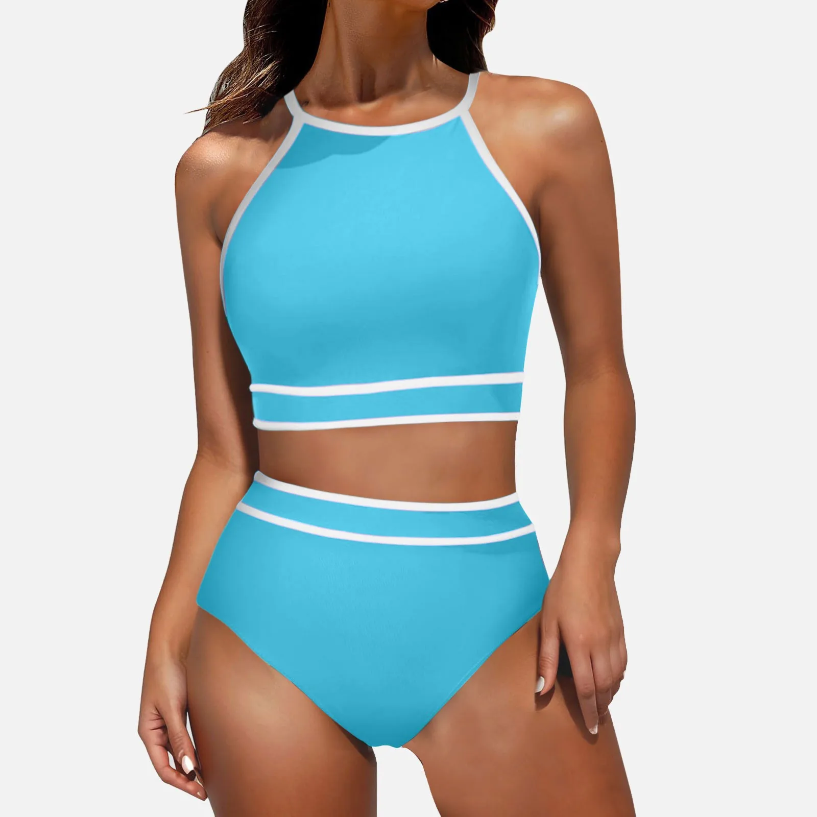 2024 letnia nowa damski strój kąpielowy modna kolorowa blokująca szyję dwuczęściowy strój kąpielowy Bikini seksowna odzież plażowa zestaw Tankini z
