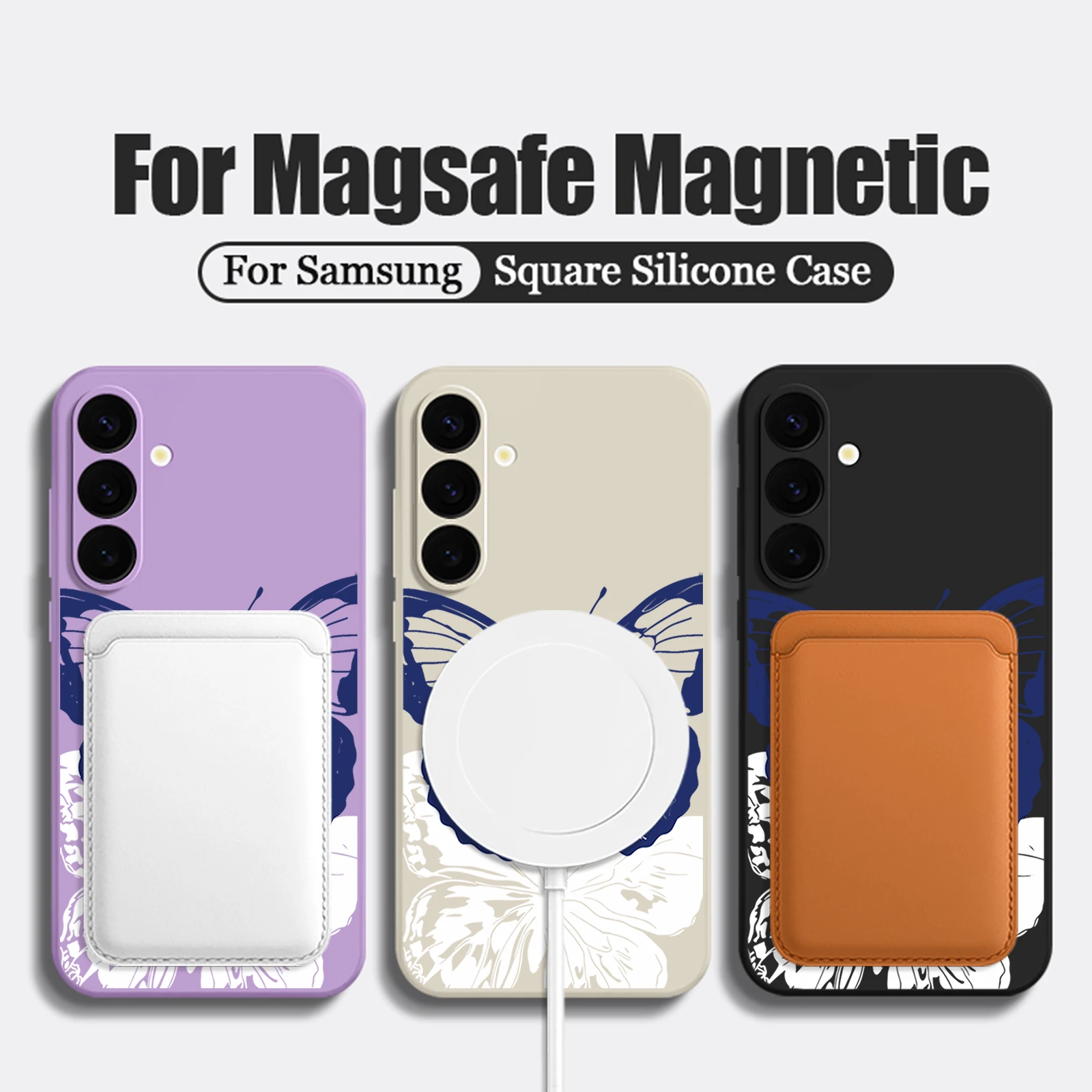 حافظة مغناطيسية على شكل فراشة زرقاء لهاتف سامسونج جالاكسي S24 FE S25 S24 S23 S22 Ultra Plus لغطاء الهاتف الناعم للشحن اللاسلكي Magsafe