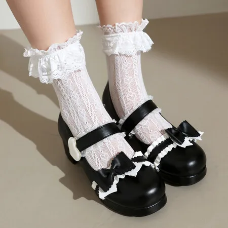 2024 New High Heels Sweet Pink Bow Pumps Shoes Women Platform Sandals Lolita Girls Cosplay Uniform Shoes Black White Plus Size