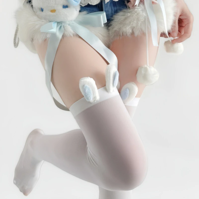 Women Japanese Bunny Ear Thigh High Stockings Thin Sheer Lolita Long Socks Sweet Aesthetic Over Knee Legwear for Dress Matching