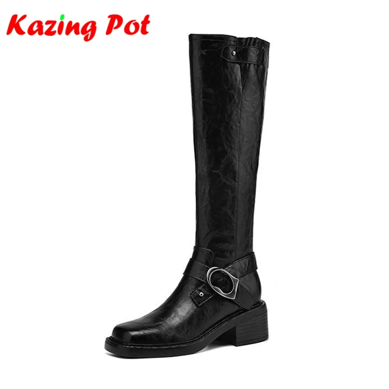 

Krazing Pot Cow Split Skin Round Toe Thick Med Heels Luxury Riding Boots Warm Winter Shoes French Romantic Women Knee-high Boots
