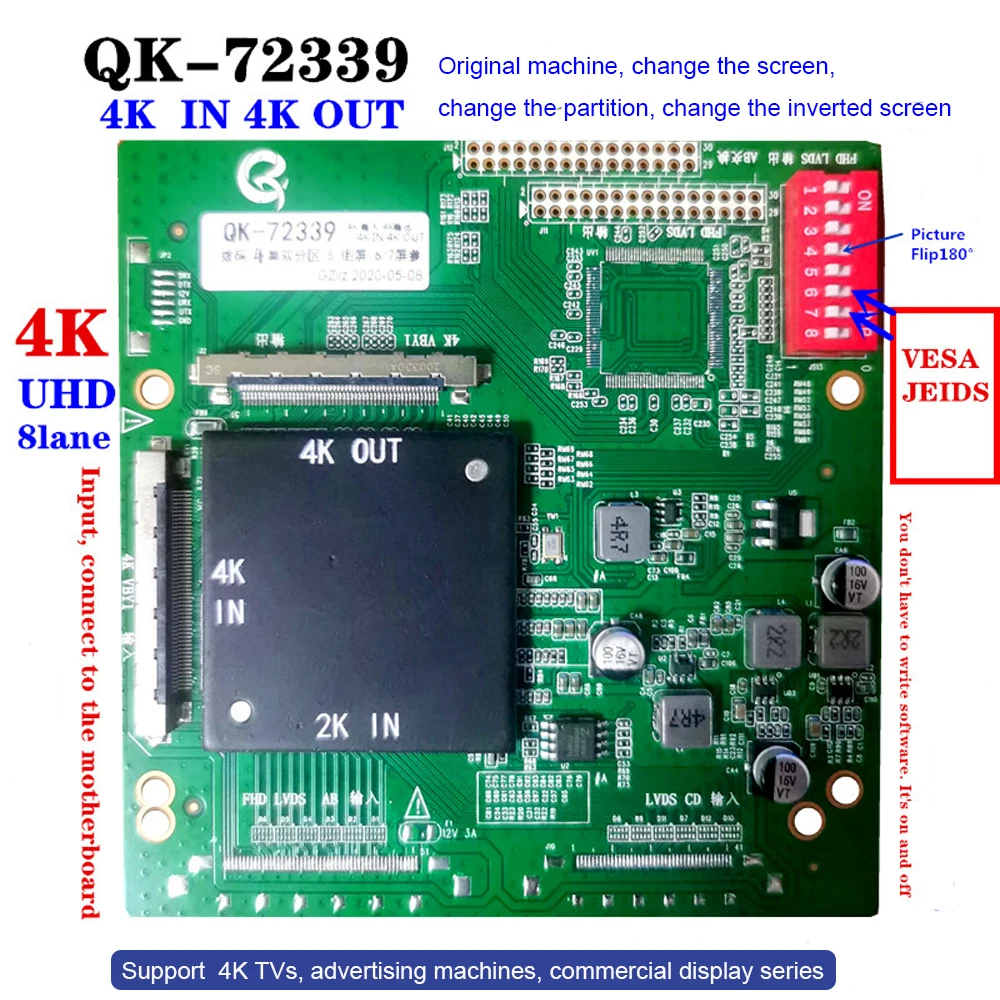 Placa-mãe no Logic Board, 4K a 4K QK-72339 4K a 2K QK-72559 Turn Board, V-by-One para LVDS Circuit Board