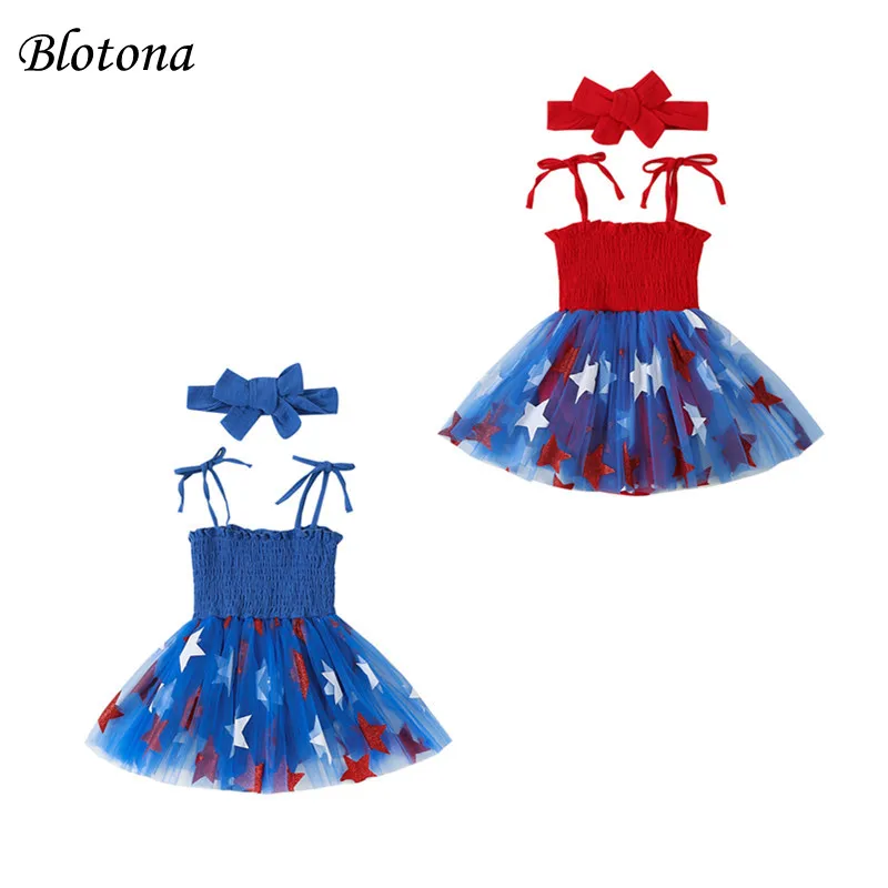 

Blotona 4th of July Baby Girls Romper Dress Summer Tie-Up Spaghetti Strap Star Pattern Mesh Skirt Hem Bodysuits with Headband