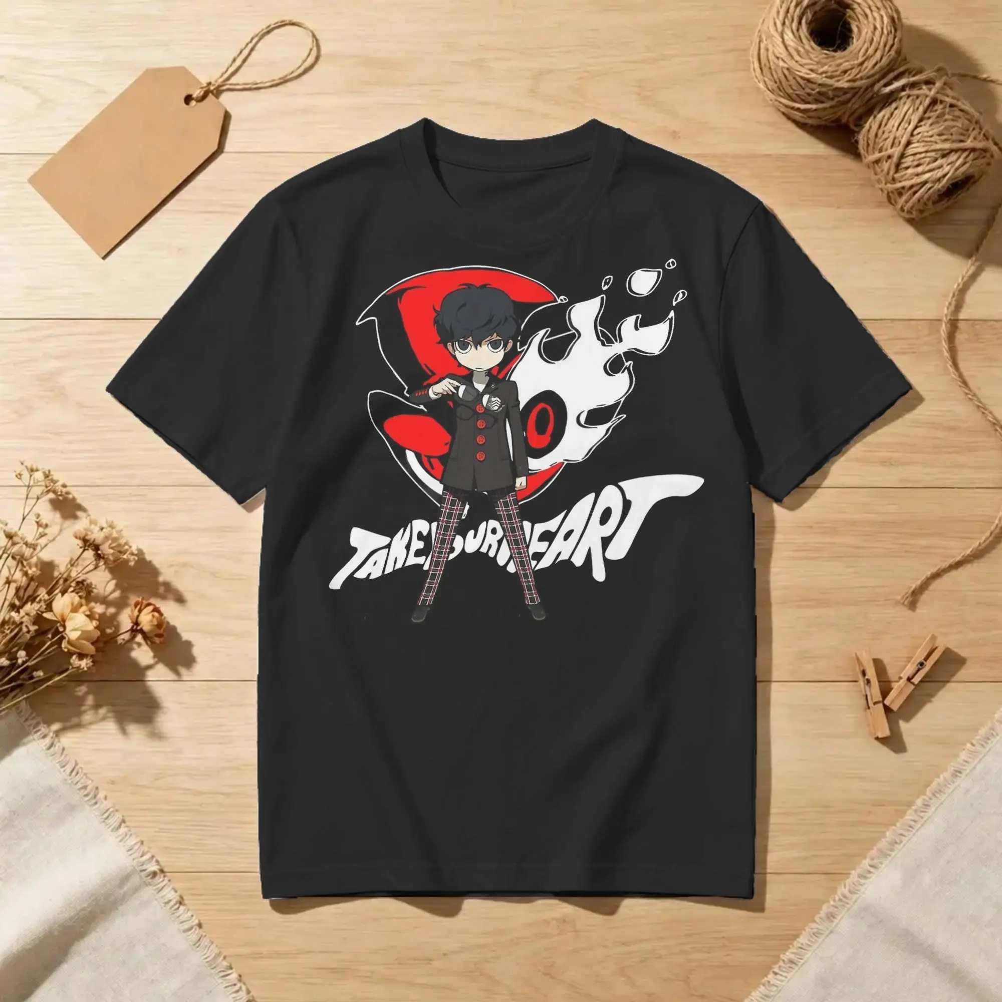 Men T-Shirts Persona Chibi Protagonist will take your heart  Pure Cotton Tees Short Sleeve  T Shirts Round Collar Tops Printing