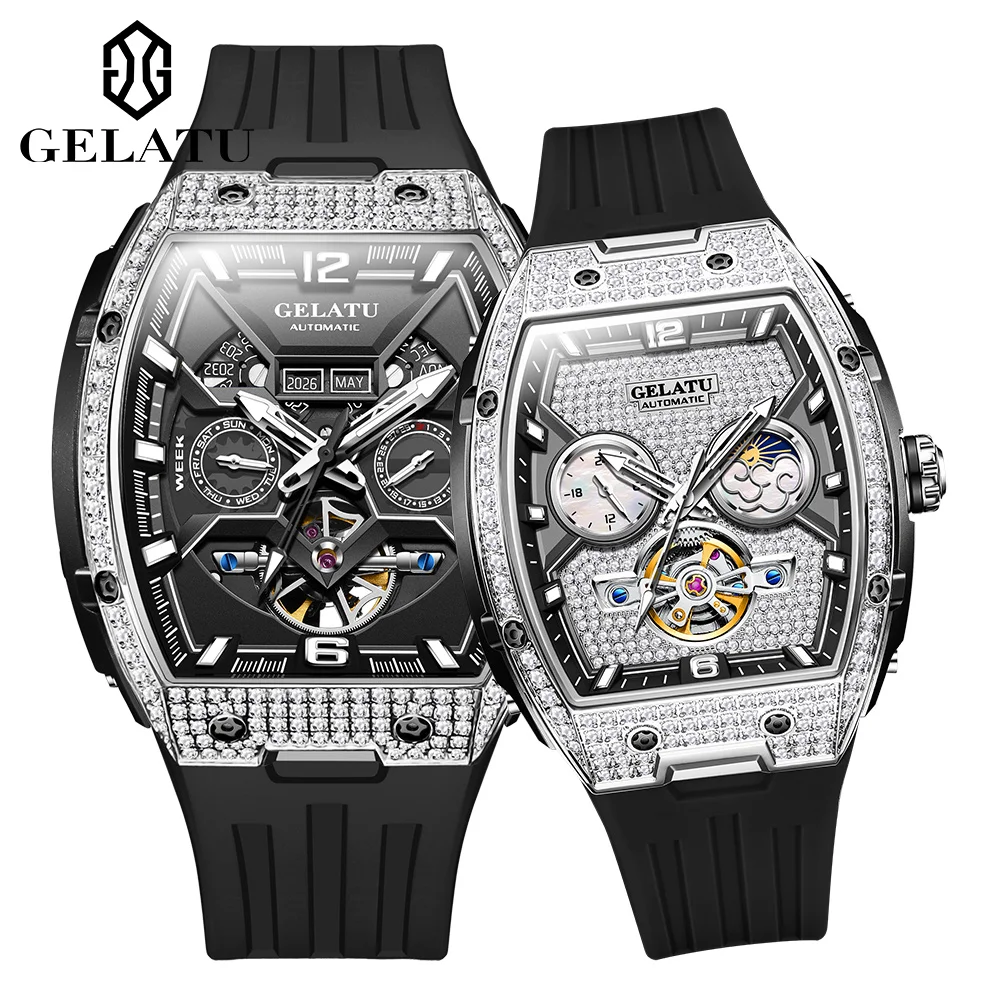 GELATU Couple Watches Luxury Fashion Tonneau Original Automatic Mechanical Wristwatch Silicone Strap Waterproof Date Trend Dress
