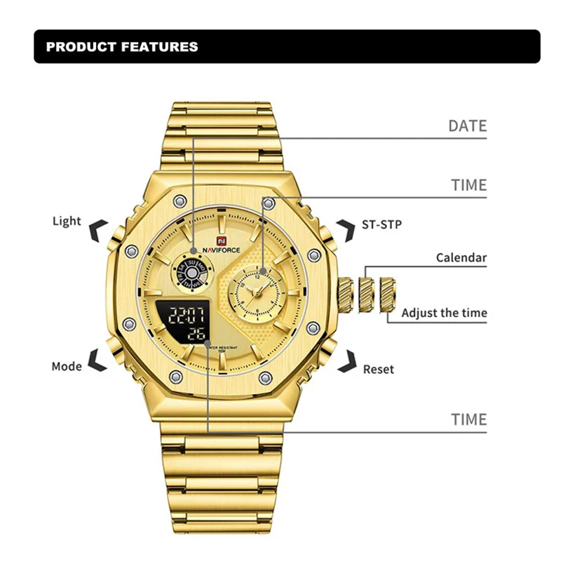 NAVIFORCE jam tangan tali baja tahan karat pria, jam tangan 3ATM kasual modis tahan air tampilan tanggal otomatis untuk pria