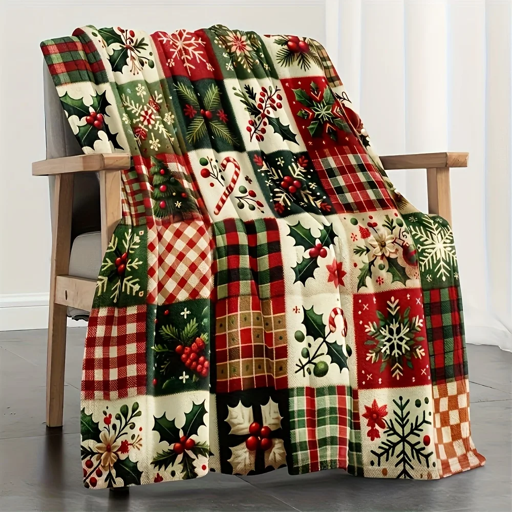 VIKAMA Christmas Patchwork Quilt Fleece Blanket Red Green Holly Snowflake Soft Plush Throw Sofa Bed Xmas Holiday Decor Gift
