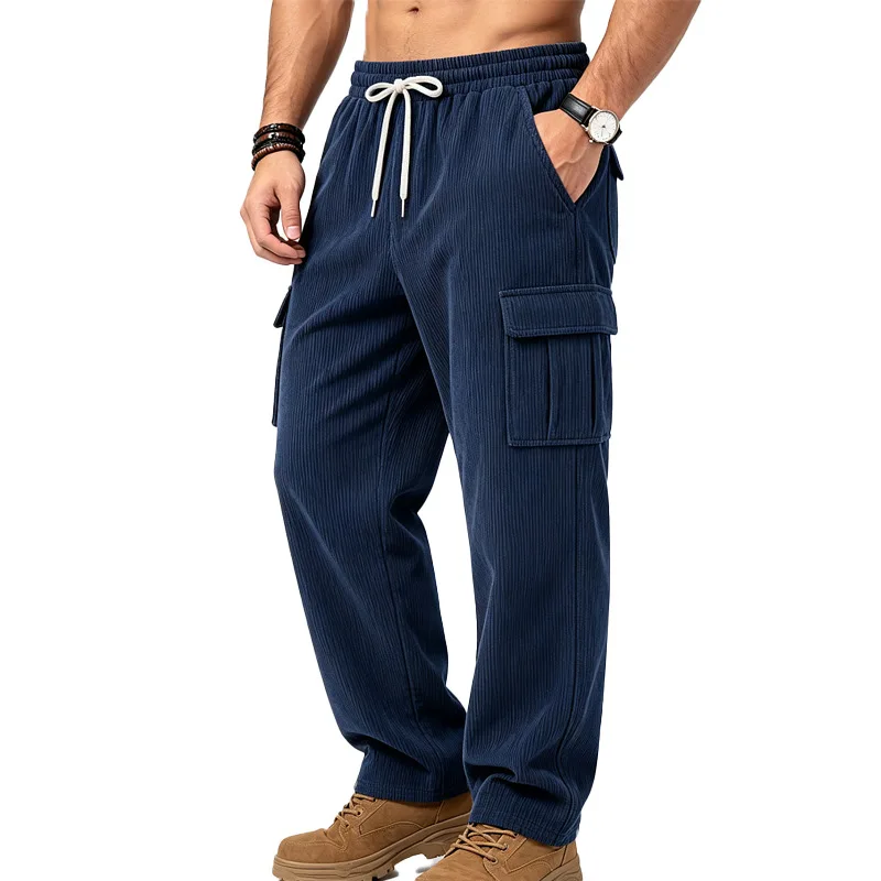 Corduroy casual pants 2026 autumn and winter retro loose tooling multi-pocket tooling drawstring solid color trousers